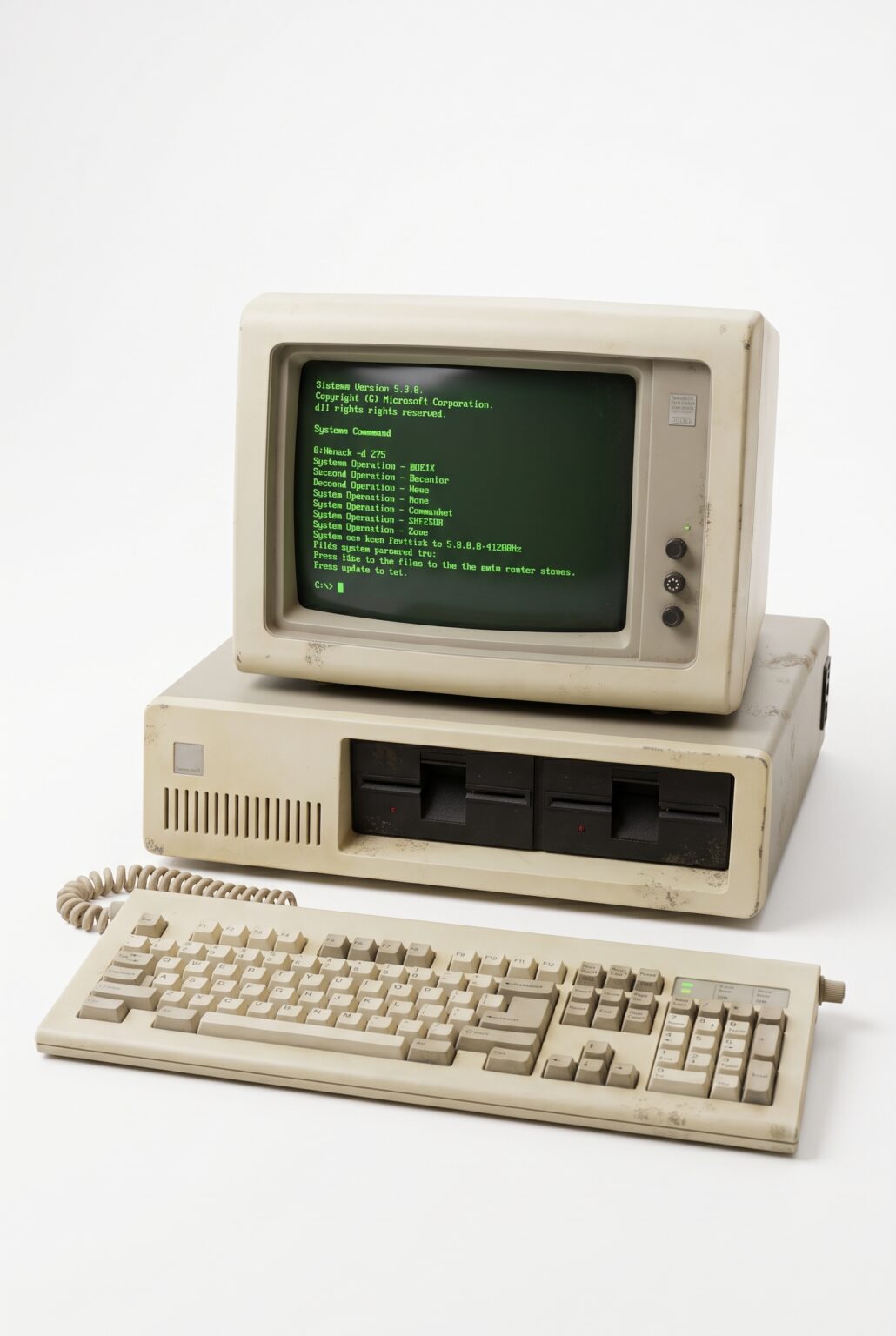 Computadora antigua con monitor y teclado sobre fondo blanco