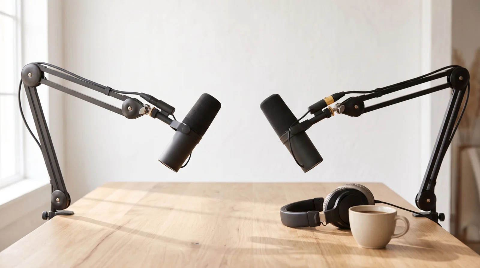 Dos micrófonos de podcast con brazos articulados, audífonos y una taza de café en un estudio luminoso