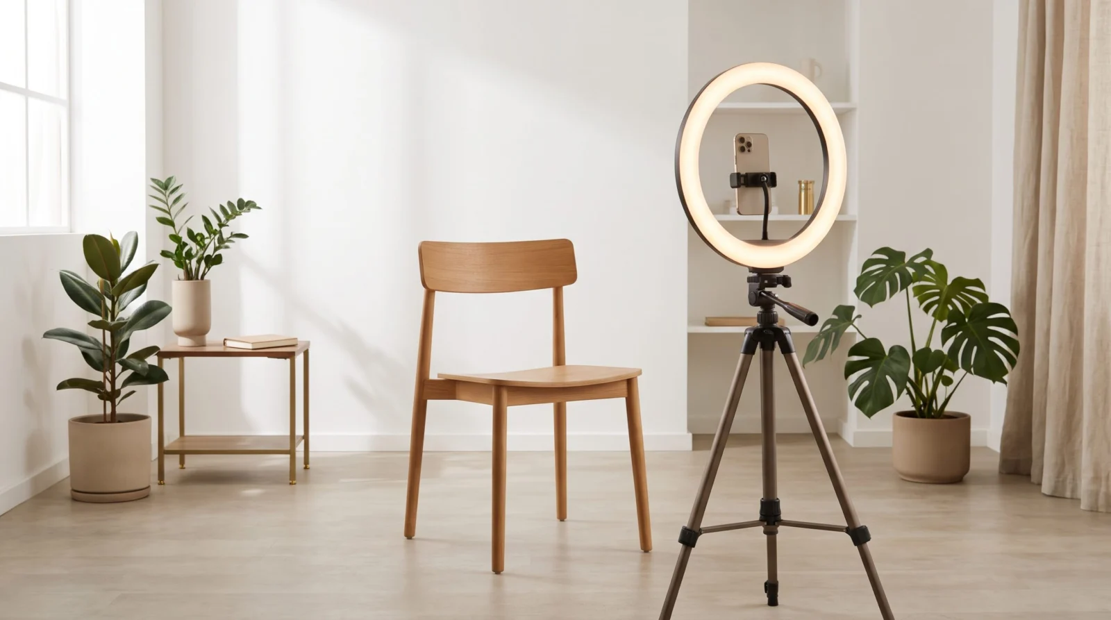 Silla de madera frente a un aro de luz con celular en trípie en un espacio luminoso con plantas