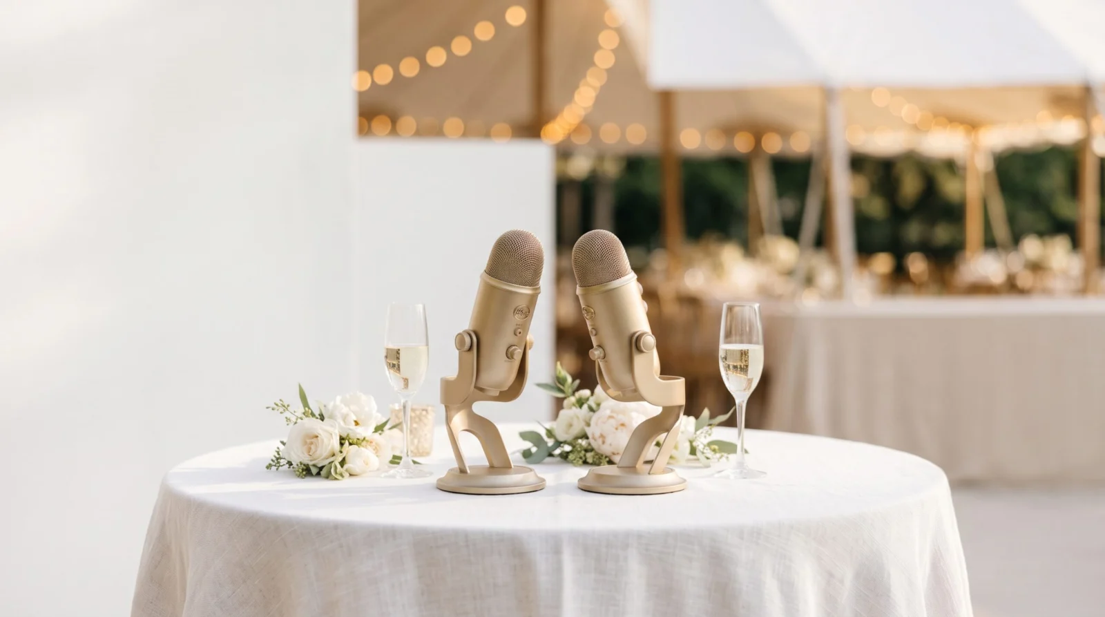 Dos micrófonos dorados de podcast sobre una mesa con flores blancas y copas de champaña en una boda