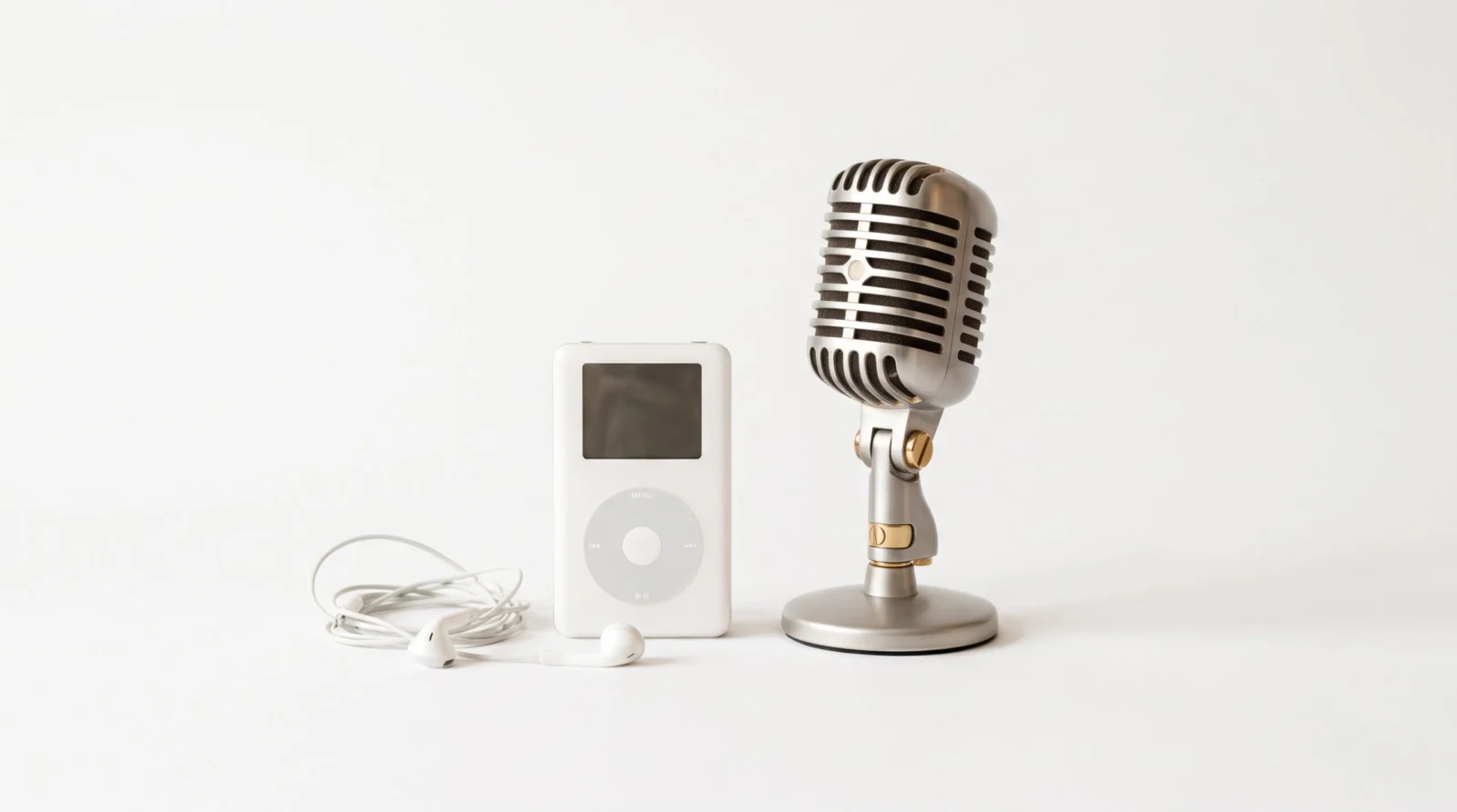 iPod blanco con audífonos junto a un micrófono vintage sobre fondo blanco
