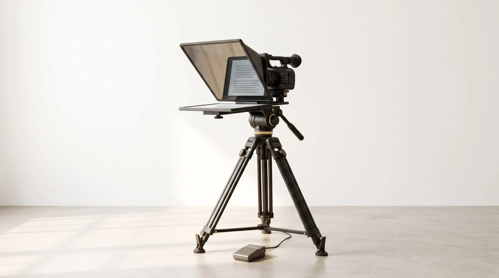 Teleprompter de vidrio montado sobre una cámara de video con pedal de control